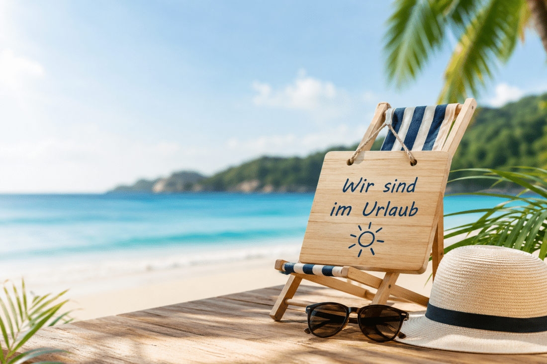 Betriebsurlaub Mai 26 1 Schild: Wir sind im Urlaub